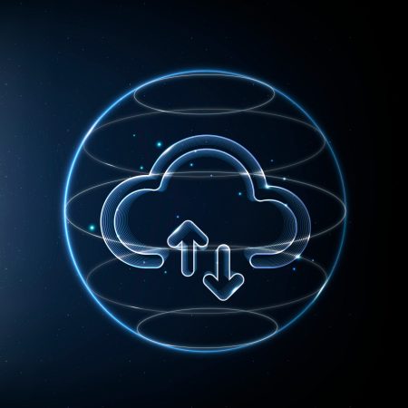 Cloud network technology icon vector in blue on gradient background